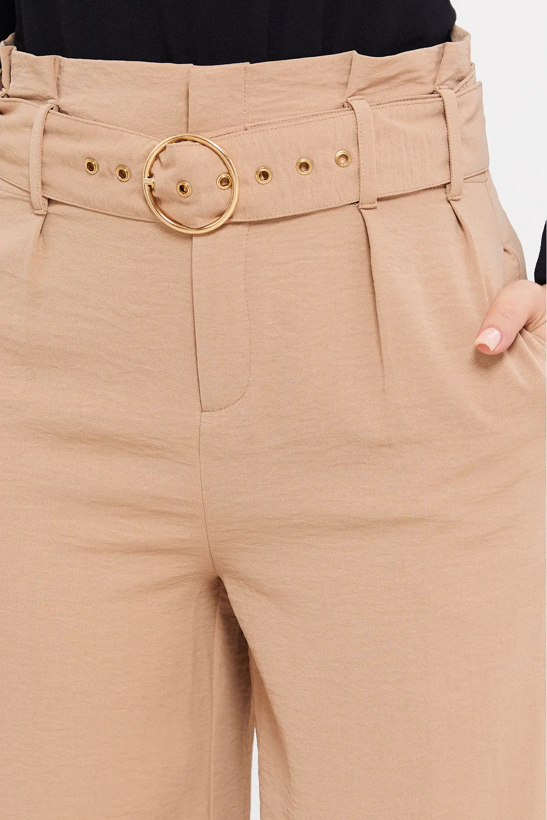 Women Beige Paper Bag Waist Belted Trousers