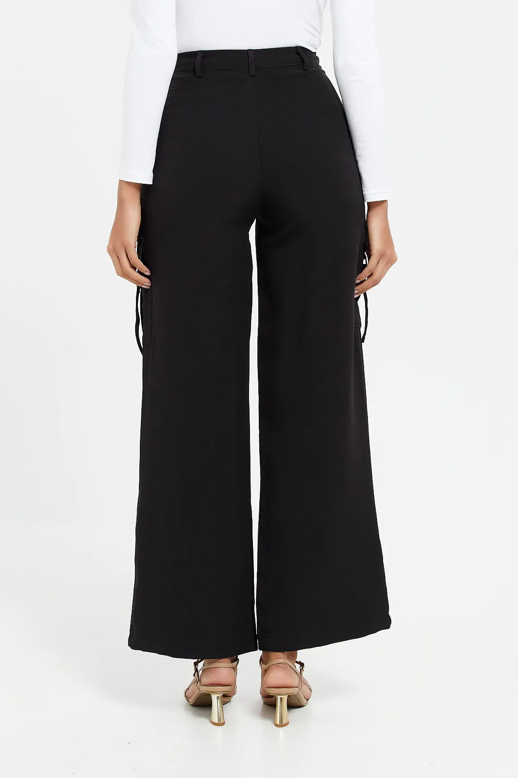 Women Black Wide Leg Cargo Trousers